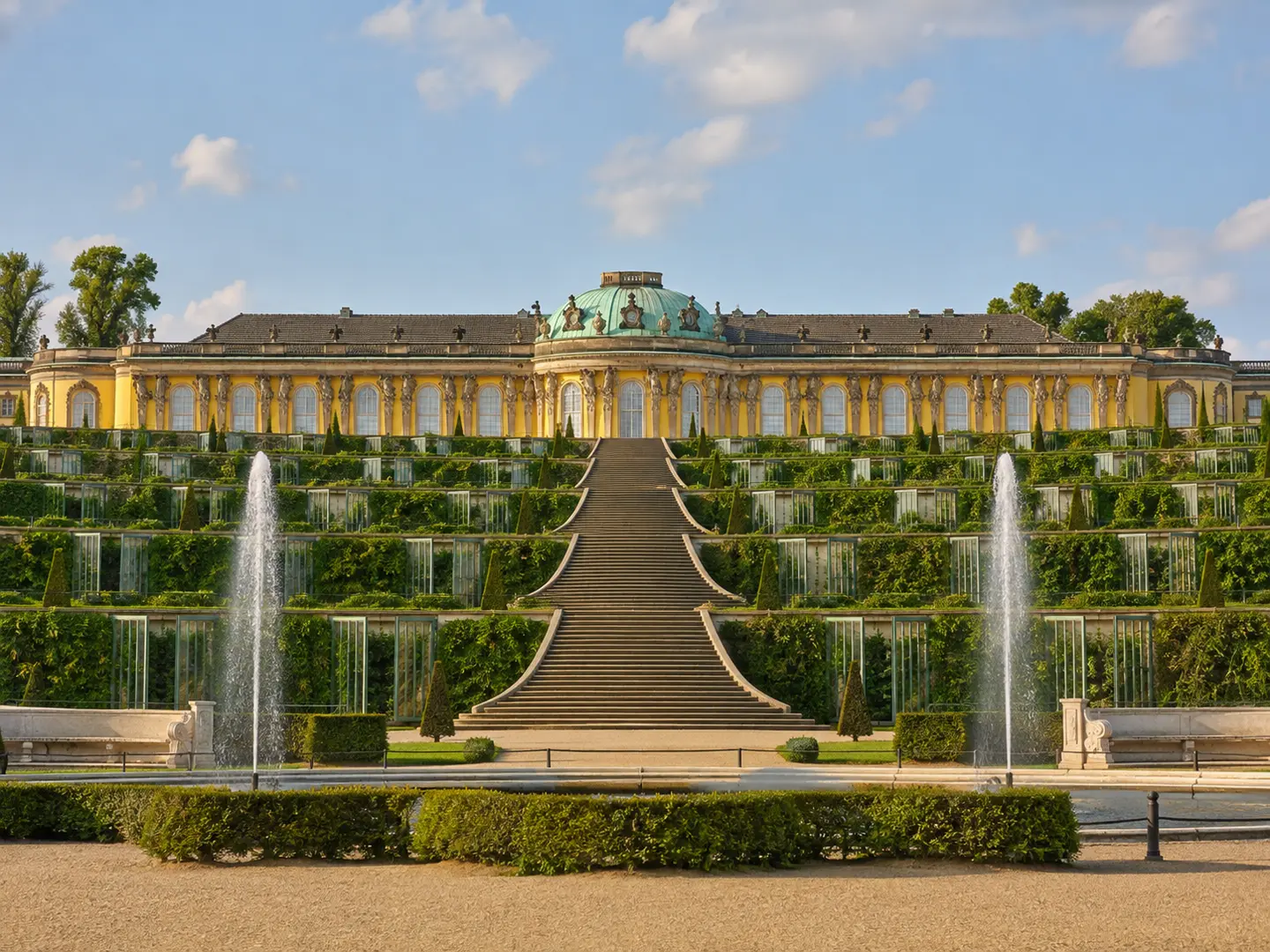 Schloss Sanssouci mit Terrassenanlage und Fontänen als Wahrzeichen Brandenburgs